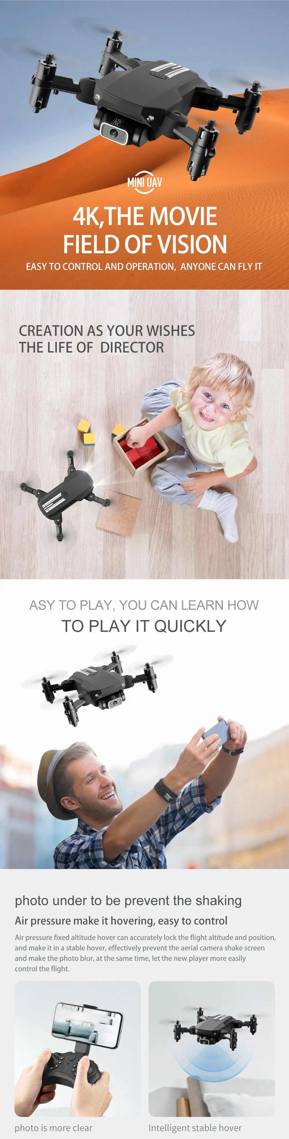 Mini WiFi Fpv with 0.3MP/5.0/4kmp HD Camera Altitude Hold Mode Foldable Quadcopter RTF RC Drone for Kids with CE (MINI-Black-4K-bag)