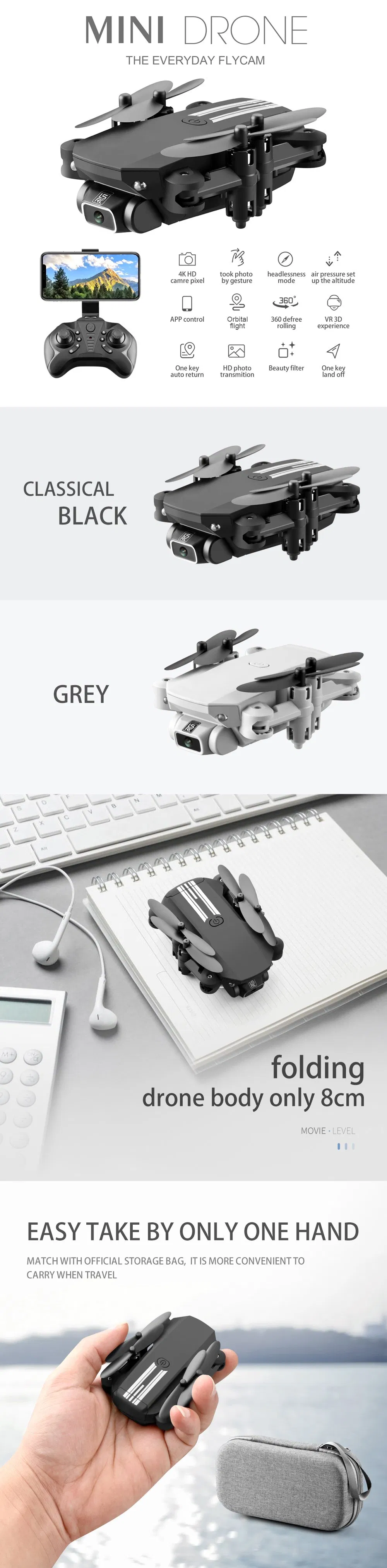 Mini WiFi Fpv with 0.3MP/5.0/4kmp HD Camera Altitude Hold Mode Foldable Quadcopter RTF RC Drone for Kids with CE (MINI-Grey-480P-bag)