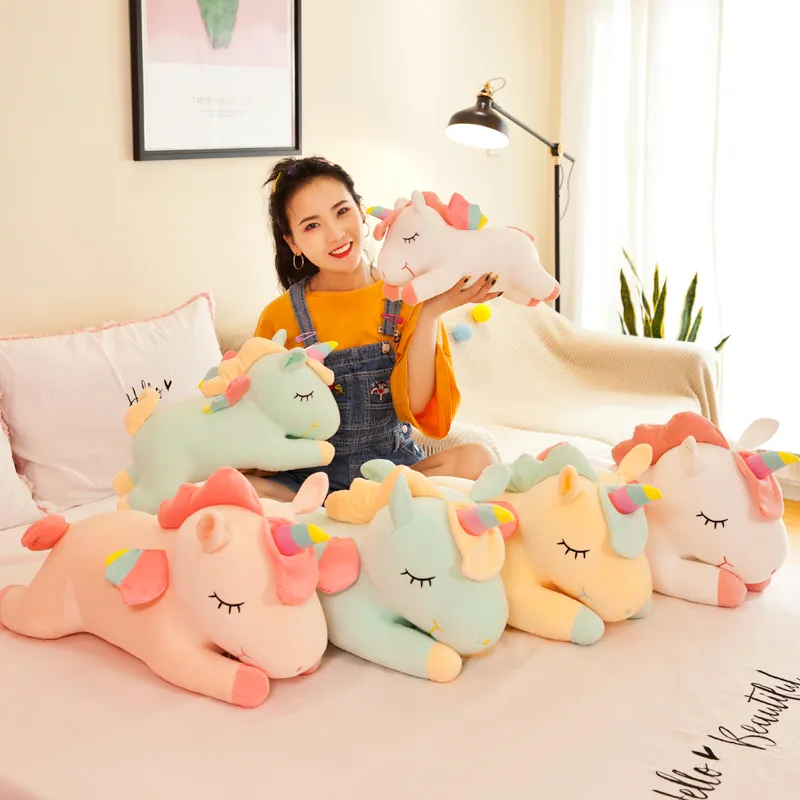 Pink White Rainbow Unicorn Soft Toy with Wings Lying on Front Stuffed Unicorn Plush Toy