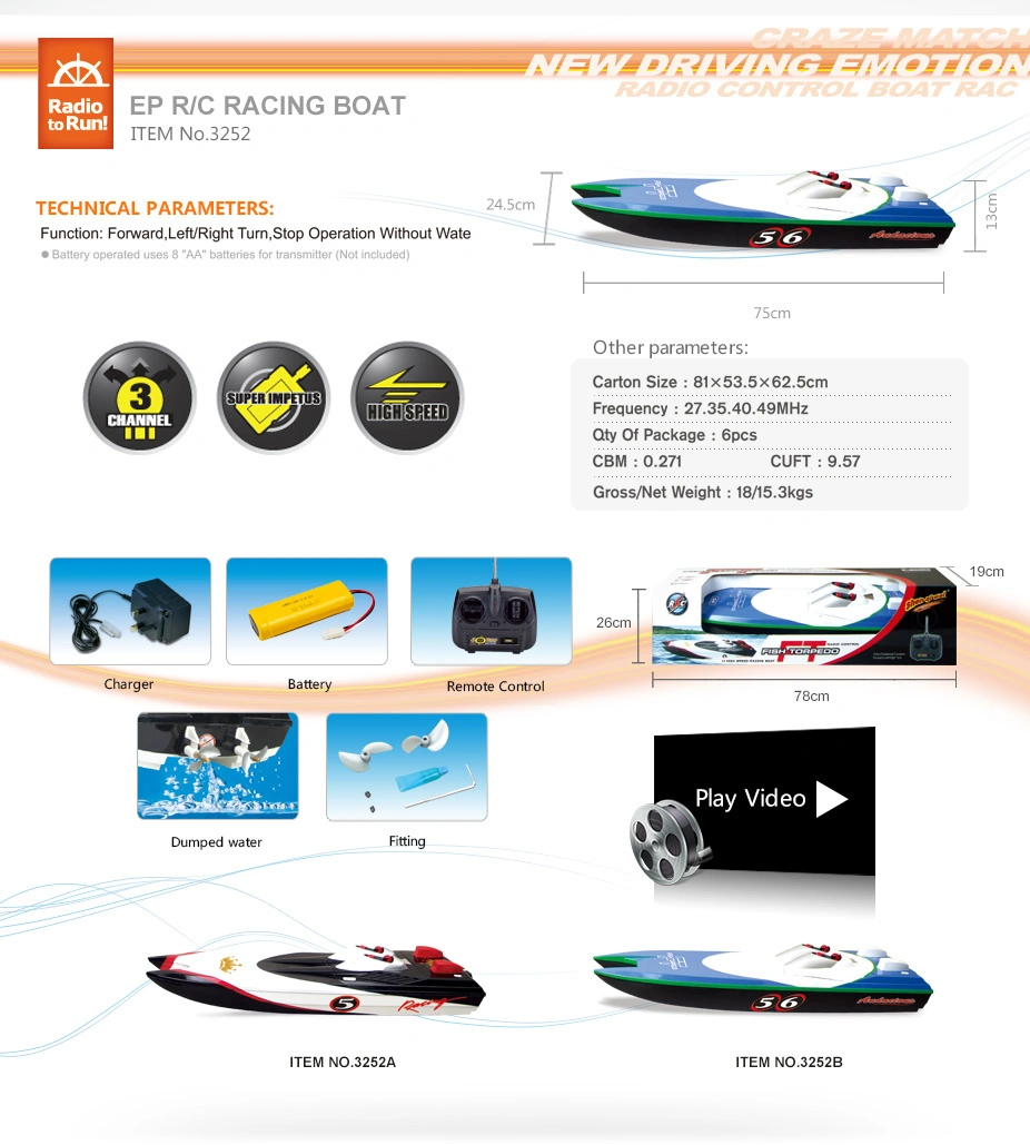 Plastic Children Electric Toys Remote Radio RC Control Boat H7409012