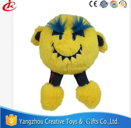 Yellow Angora Fabric Round Shape Smiley Plush Toy with Embroidery and Printing